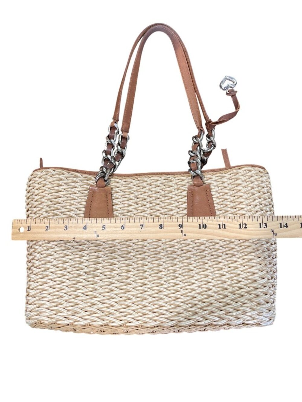 Brighton Straw & Leather Shoulder Bag Tote Woven Chic Tan Brown 12x8 - Picture 6 of 7